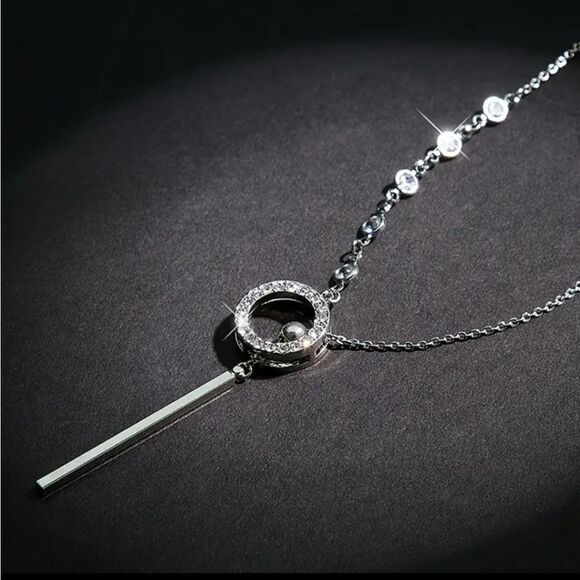 SILVER RHINESTONE CIRCLE THREADER BAR SWEATER NECKLACE w detail - Picture 3 of 8